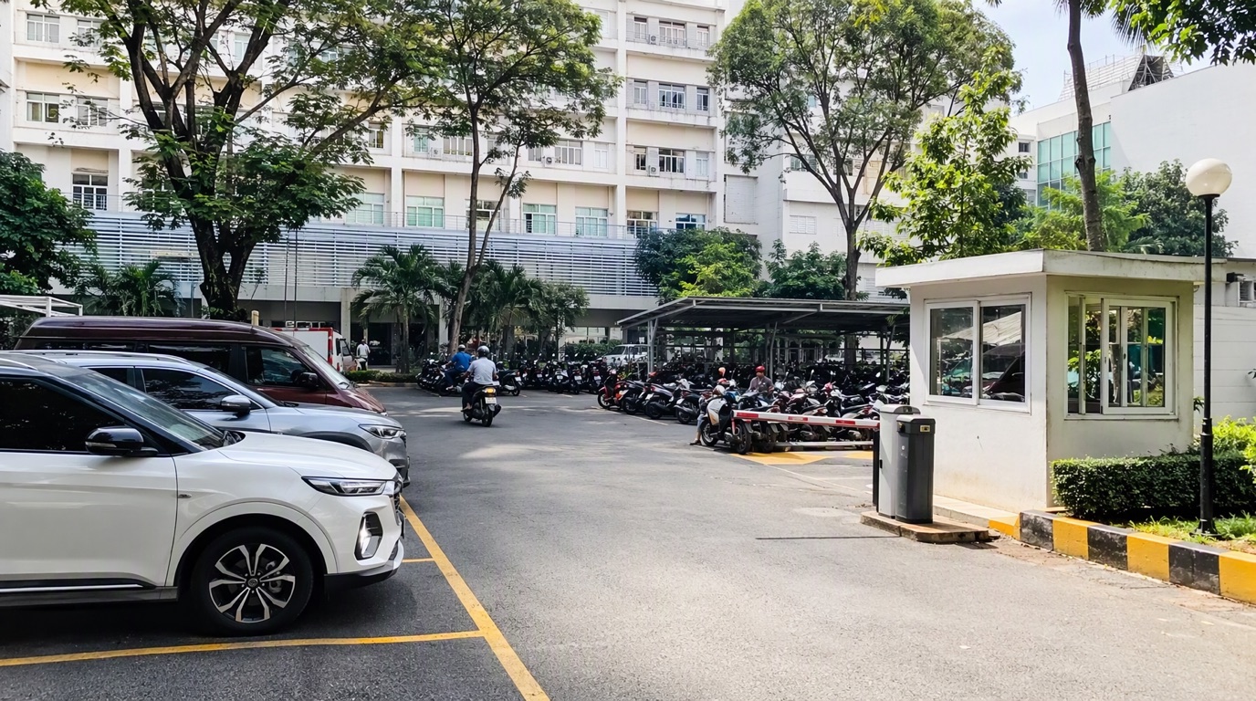 Bãi giữ xe bệnh viện lớn tại TP.HCM với nhiều ô tô và xe máy, khu vực gửi xe có bảo vệ