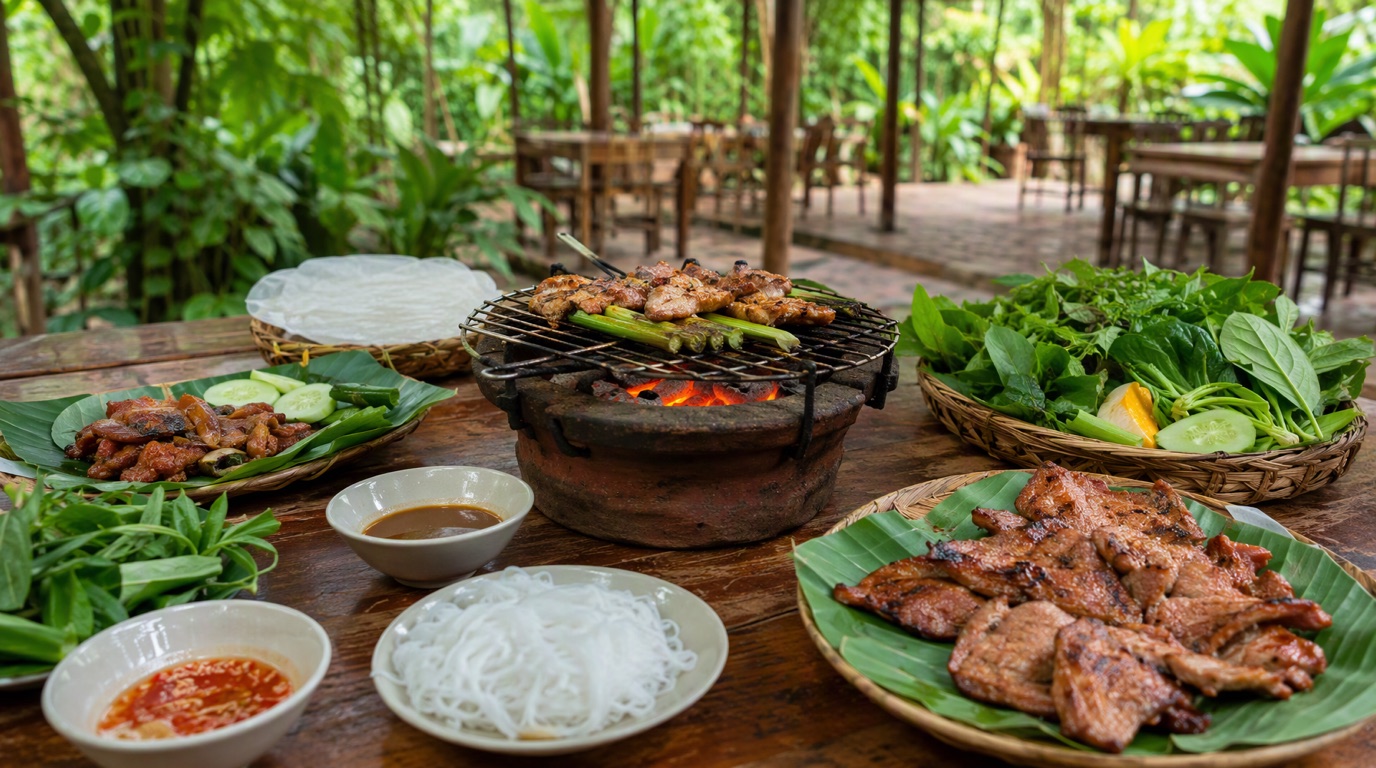 Bò tơ nướng tại quán đồng quê Củ Chi cùng rau sống và bánh tráng