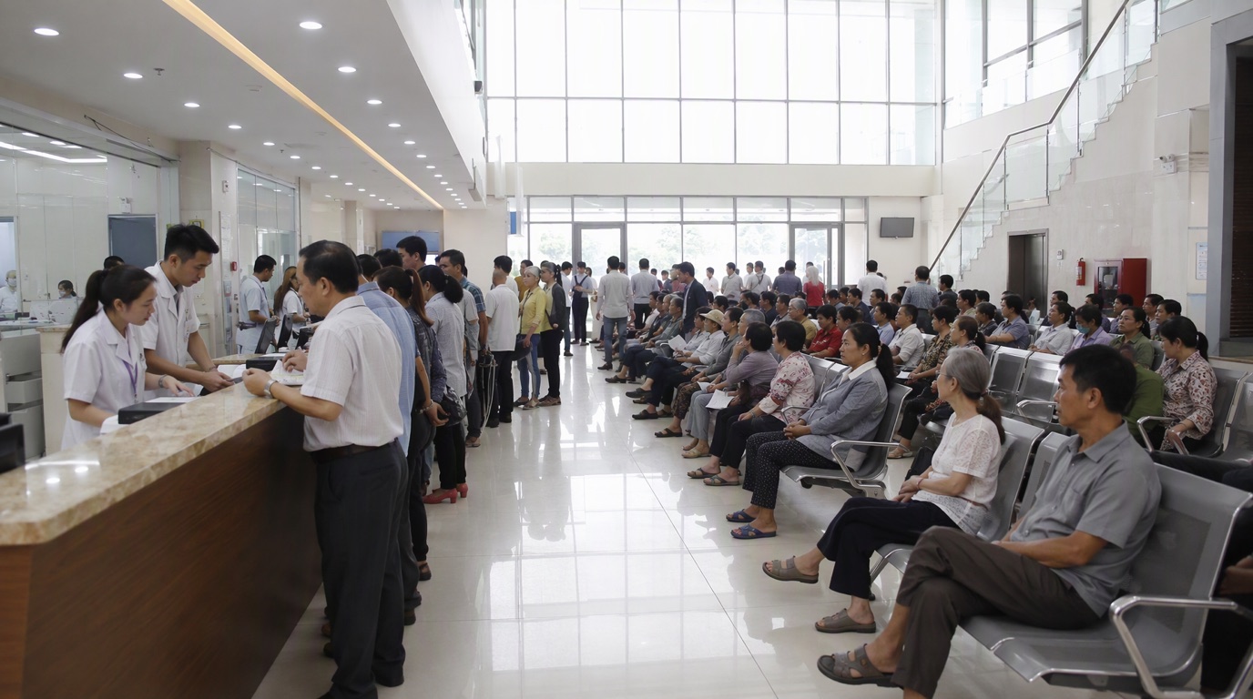 Khu vực tiếp đón bệnh viện lớn buổi sáng sớm với người dân chờ lấy số khám