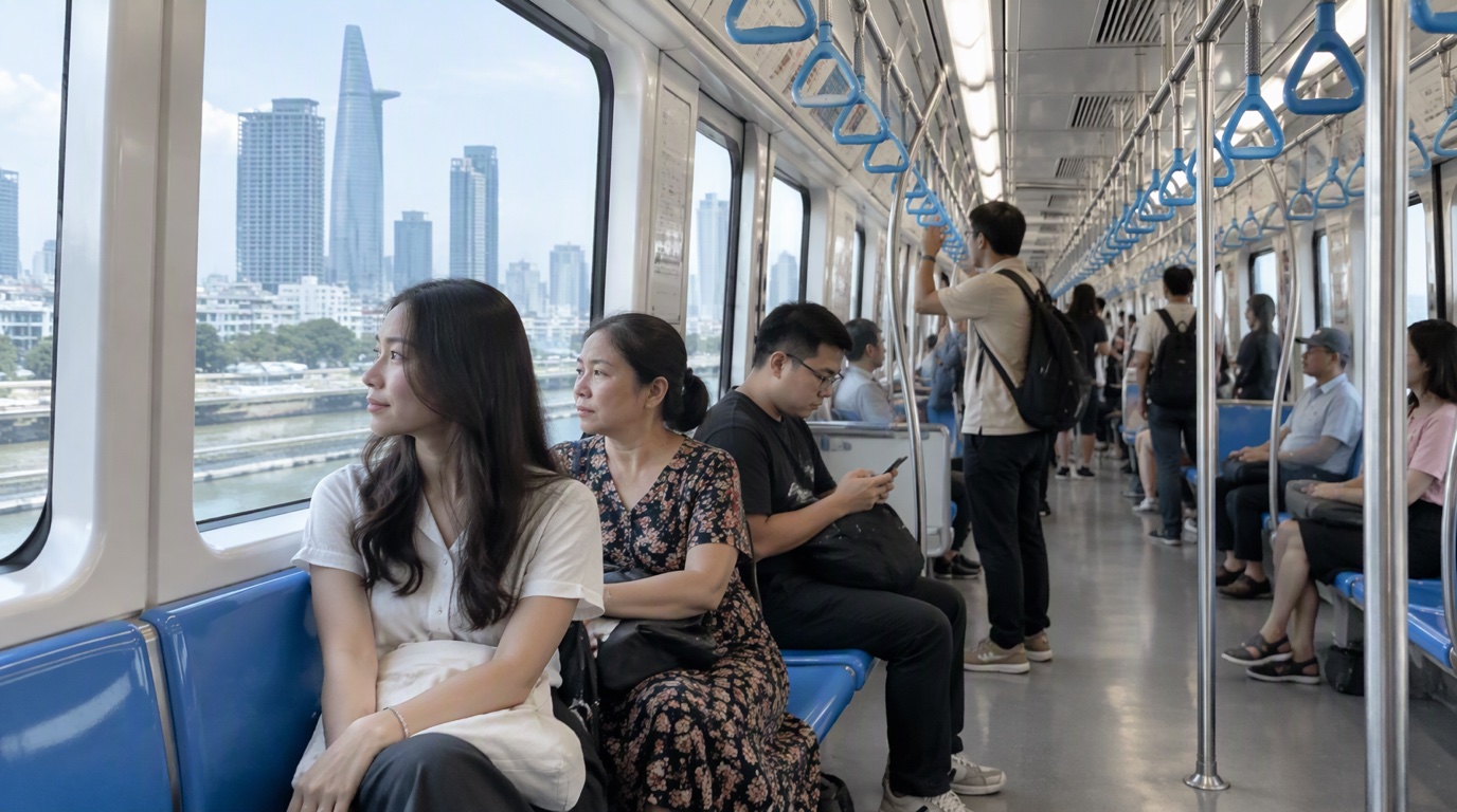 Sân ga metro trên cao hiện đại với tàu và hành khách chờ tại ga trung tâm Sài Gòn