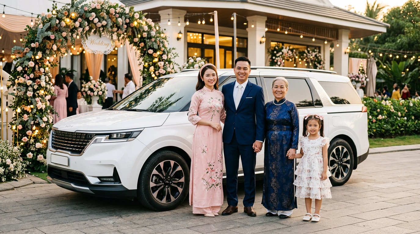 Mùa cưới cuối năm 2026: kinh nghiệm thuê xe tự lái đưa gia đình đi dự cưới, đỗ xe ở tiệc cưới và về khuya an toàn.