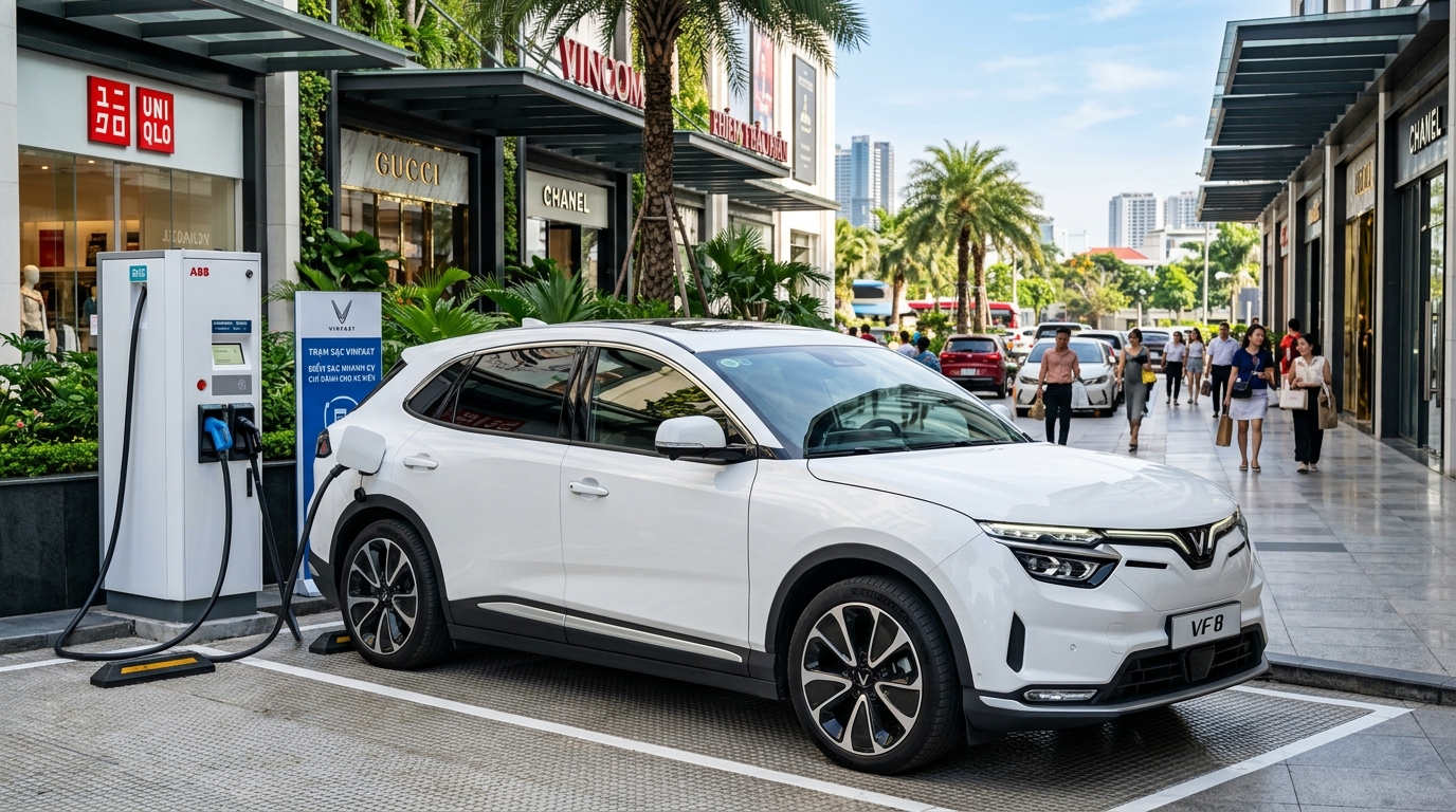 Xe điện SUV VinFast màu trắng hiện đại cắm sạc tại trụ sạc nhanh DC ngoài trời
